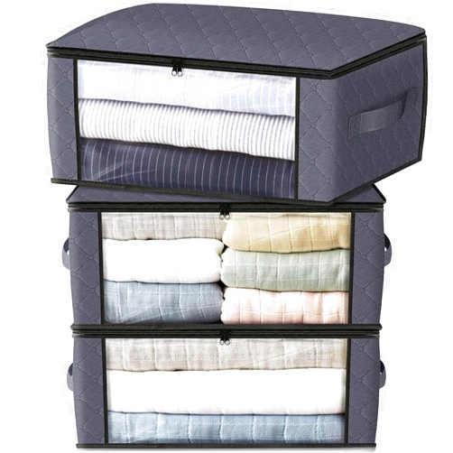 HomeHacks Storage 3-Pack Clothes Organizer Storage Bags Foldable Storage Box with Large Clear Window Sturdy Handles for Closet, Dorm, Pillows, Bedding, Clothes, Stuffed Toys, Blankets, 35L, Grey