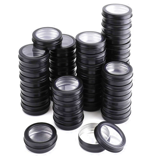 Foraineam 40 Pack 2 Ounce Round Tins Screw Lid Containers with Clear Window Matte Black Metal Empty Tin Cans Aluminum Travel Storage Jars for Kitchen, Office, Candles, Candies, Gifts, Arts & Crafts