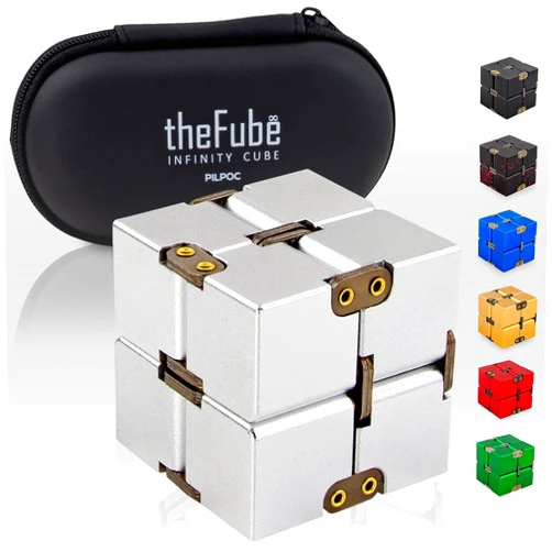 PILPOC theFube Infinity Cube Fidget Desk Toy - Aluminum Infinite Magic Cube with Case, Sturdy, Heavy, Relieve Stress and Anxiety, for ADD, ADHD, OCD (Silver)