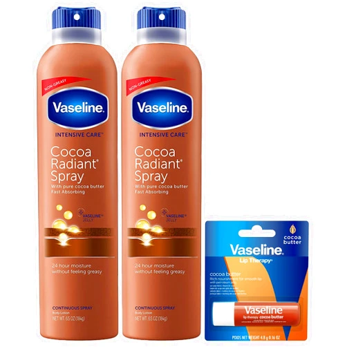 Vaseline Cocoa Radiant Spray 2-Pack for Dry Skin + Vaseline Lip Therapy Cocoa Butter Lip Balm (3 Piece Set)