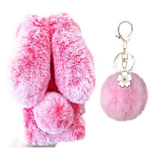 HPHRE Fuzzy Fluffy Bunny Ear Case Compatible with iPhone 13 Pro Max - Cute Furry Pink Plush Rabbit Fur Phone Cases for Girls Women Winter Warm Soft Back Shockproof Protective Cover Bling Glitter Baby