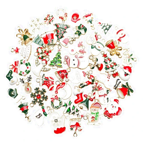 Chenkou Craft 46pcs Wholesale Mix Alloy Christmas Pendants Charms Bracelet Necklace Jewelry Findings Christmas Tree Bear Sock Jingle Bell Snowman Snowflake Claus House Garland