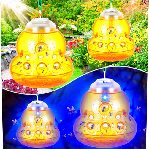 ENERJARY Solar Wasp Trap Outdoor Hanging, New Upgrade LED Blue Light Bee Traps Catcher, Wasp Insect Killer, Solar Panel Non-Toxic Reusable Hornet Yellow Jacket Trap - Orange, 2 Pack