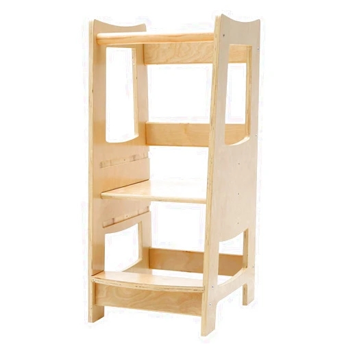 EGREE Toddler Kitchen Step Stool with Safety Rail Kids Wooden Standing Tower for Kitchen Counter and Bathroom Sink, 3 Heights Adjustable Step Up Stool Mothers' Helper, Solid Wood Construction, Natural