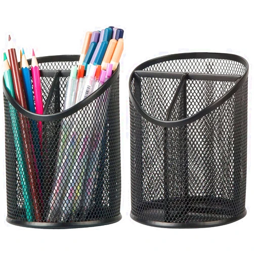 Delifox 2 Pack Pen Holder Pen Organizer for Desk Mesh Round Pencil Holder Desktop Organizer 3 Compartments Pencil Organizer Desk Organizer for Office Home School, Black