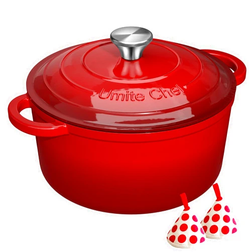 Umite Chef Enameled Cast Iron Dutch Oven - Umite Chef 5QT Pot with Lid & Cotton Potholders - Heavy-Duty Cookware for Bread Baking, Braising, Stews, Roasting(Red)