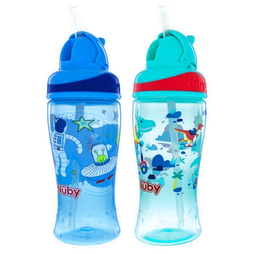 Nuby 2pkThirsty Kids No-Spill Flip-it Printed Boost Cup with Thin Soft Straw - 12oz, 18+ Months, 2pack Print May Vary