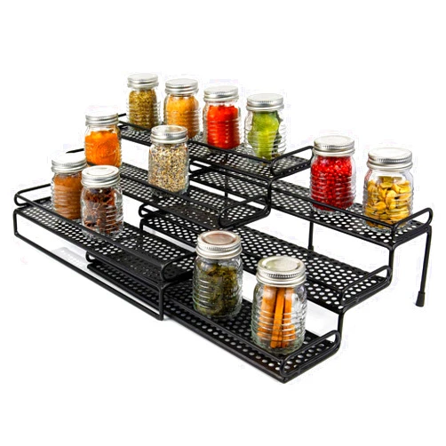 FromThe Converge 3 Tiered Spice Rack - Spice Racks for Inside Cabinets - Expandable Spice Rack Countertop Kitchen Pantry - Metal Tier Seasoning Organizer Step Storage with Protective Railing (Black)