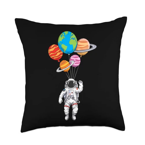 Floating Astronaut Space Balloon Art for Kids Astronaut Holding Planet Balloons Space Adventure for Kids Throw Pillow