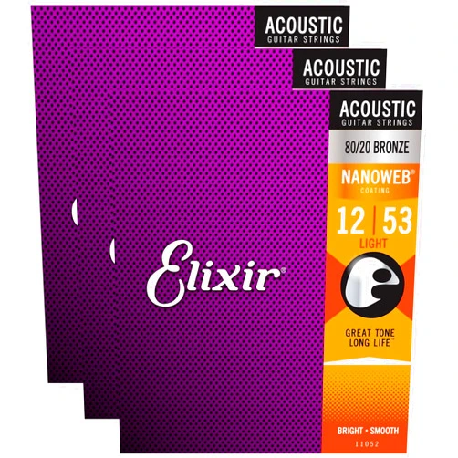 Elixir 11052 Acoustic 80/20 Nano Light 12-53 (3 Pack Bundle)