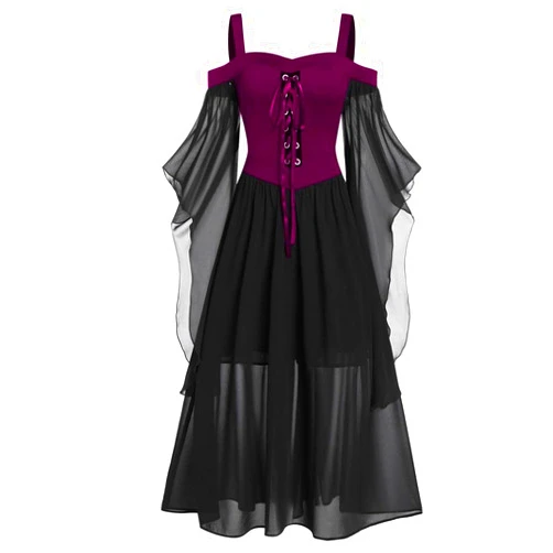 Turilly Gothic Punk Dress for Women Bell Sleeve Cold Shoulder Sheer Lace Dress Plus Size Vintage Witch Corset Party Dress