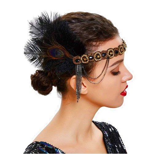 Anglacesmade Bridal 1920s Flapper Feather Headband Crystal Beads Tassel Peacock Feather Headpiece Hair Jewelry for Women and Girls (Gold)