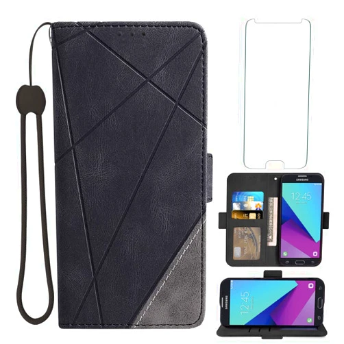 Asuwish Compatible with Samsung Galaxy J3 Luna Pro J 3 Prime 2017 Emerge 3J Eclipse Mission Wallet Case Tempered Glass Screen Protector Flip Cover Card Holder Cell Phone Cases for Glaxay S327VL Black