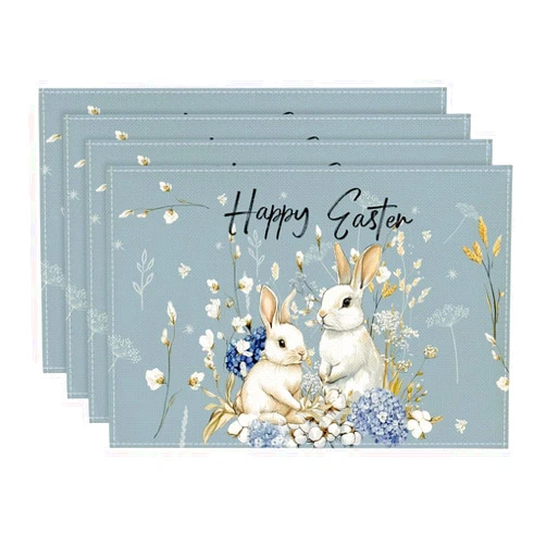 Artoid Mode Bunny Rabbits Hydrangea Happy Easter Placemats Set of 4, 12x18 Inch Seasonal Spring Table Mats for Party Kitchen Dining Decoration