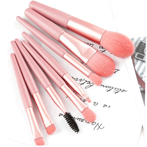 LRHINETAR Makeup Brush Set 8 Pcs - Mini Travel Makeup Brushes, Premium Synthetic Face Eye Lip Brushes Set for Foundation Powder Concealers Eye Shadows Blush with Case (Pink)