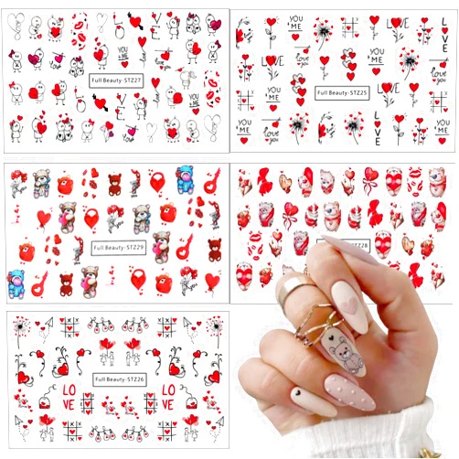 KEHKFSEF Valentine's Day Nail Stickers DIY Water Transfer Nail Stickers Heart Love Cute Bear Self Adhesive Water Transfer Nail Decals Sexy Lips Love Letter Nail Art Design Supplies Nail Accessories for Nails