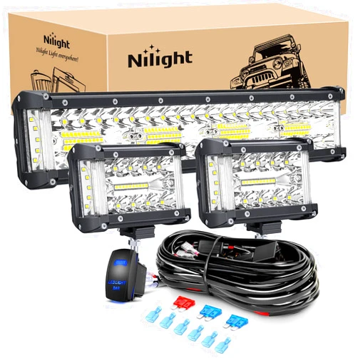 Nilight Side Shooter LED Light Bar Set 12 Inch Triple Row Spot Flood Combo Lights 2PCS 4.3Inch Pods with 5Pin Rocker Switch Wiring Harness Kit for Off-Road Truck ATV UTV Boat