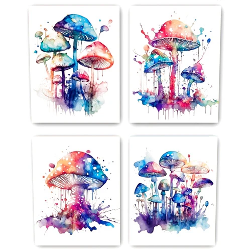 DXOAGXQ Magic Mushrooms Wall Art Prints，Psychedelic Watercolour Mushrooms Poster - Kitchen, Dining Room Decor - Wall Art for Cafe, Restaurant - Unique Housewarming Gift,Set of 4 (8”X 10” ， No Frame