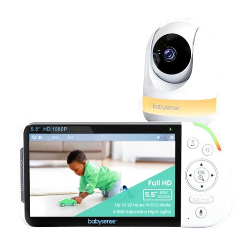 Babysense 5.5” 1080p Full HD Split-Screen Baby Monitor, Video Baby Monitor with Camera and Audio, PTZ Camera, RGB Night Light, 1000ft Range, Two-Way Audio, 4X Zoom, 5000mAh Battery