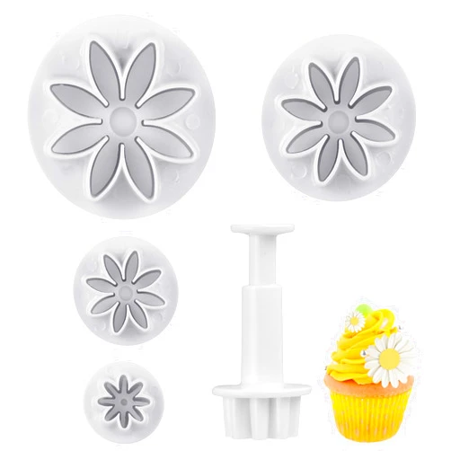 Hariendny Daisy Fondant Cutter, 4PCS Flower Plunger Cutters, 8Petals Daisy Cookie Cutter, Flower Cookie Cutter, Summer Cookie Cutters, Decorating Mold Tools for Biscuits, Sugar Cubes, Chocolate