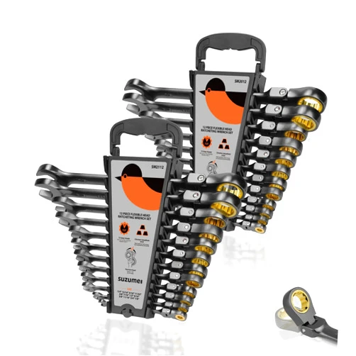 SUZUME 24-Piece Metric and SAE Flex Head Ratcheting Wrench Set 72 Teeth Cr-V Steel Ratcheting Wrench Set with 180° Flex Head Ratchet Wrenches Set For Auto,Machine Repair