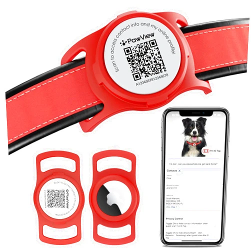 PawView AirTag Dog Collar Holder, Smart QR Code AirTag Holder for Cats and Dogs - Scan Alert | Instant Location | Pet Online Profile | Contacts Info | Pet APP Remote Control (1 Pack, Red)