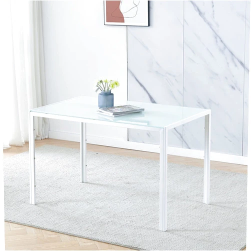 BELIFEGLORY Modern White Glass Dining Room Table Rectangle Kitchen Table with Grey Tempered Glass Tabletop Metal Frame Legs for Small Dinette 4/6/8 People Use