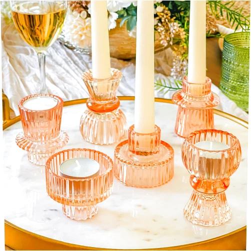 Kate Aspen Doube Sided Vintage Ribbed Rose Gold Pink Glass Candlestick Holders, Pillar Candle, Tealight & Votive Candle Holders (Set of 6, 3 Sizes), Dining Table Decor, Shelf Decor, Centerpiece