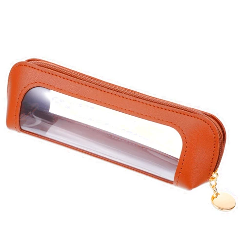 Psyqtsuary Small Clear Makeup Pouch, PU Leather Makeup Brush Bag Portable Travel Mini Cosmetic Bag Transparent Waterproof Organizer Pouch with Zipper for Women Home Travel Office Cosmetic Storage (Brown)