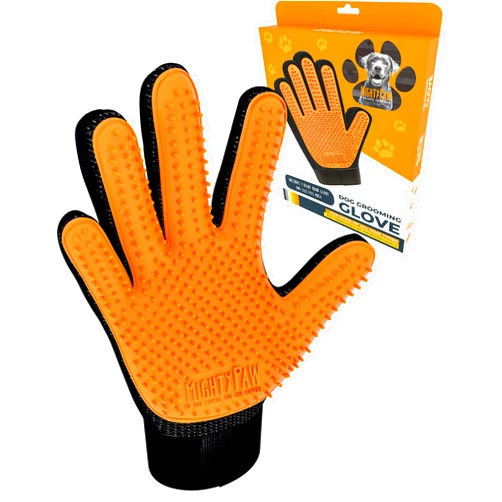 Mighty Paw Dog Grooming Glove | 1 Deshedding Mitt for Pets of All Hair Types. BPA-Free Silicone Brush with 375+ Grooming Tips. Comb Fur & Remove Dirt from Dry & Wet Coats. One Size Fits Most Orange