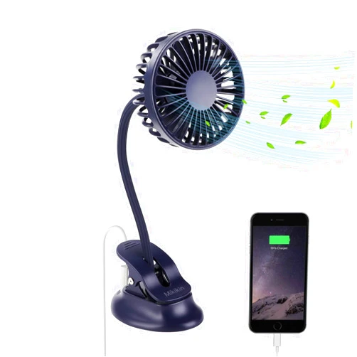 Mikikin Clip on Small Mini Fan, Portable Usb Battery Operated Rechargeable Quiet Personal Desk/ Baby Stroller Fan 3 Speeds Flexible Neck Great for Bed Office Car Dorm Travel Camping Beach