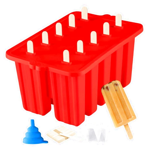 Azonbey Silicone Popsicles Molds, Homemade ICE Popsice Molds Food Grade BPA-Free with Popsicles Maker Sticks Popsicles Bags A Funnel, Popcycle Maker (Red-10 Cavity)