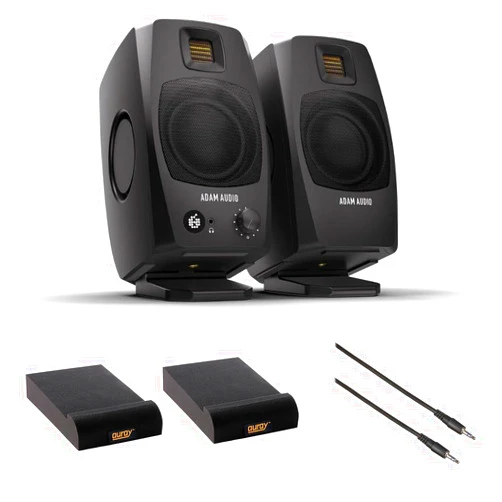 ADAM Audio D3V(Black) Active Desktop Monitoring System Bundle with 2X Auray IP-S Isolation Pad for Studio Monitor and Comprehensive Stereo Mini Male to Stereo Mini Male Cable -6'