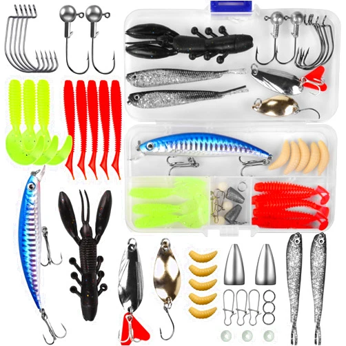VOOGLASS Fishing Lures Tackle Bait Kit Set - Comprehensive Fishing Lures Kit for Trout Bass Salmon - Includes Plastic Shrimp, Worm Bait, Spoon, and Crankbait Jigs