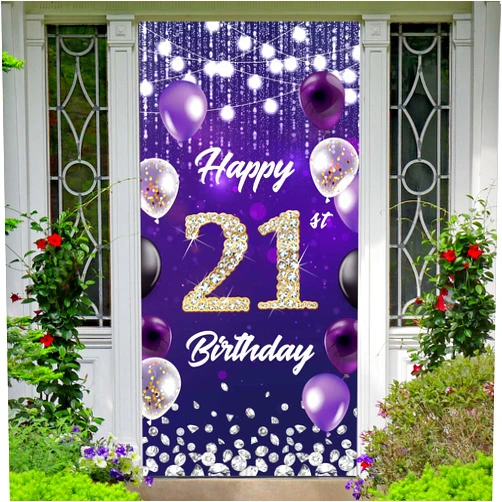 BECKTEN Happy 21st Birthday Backdrop Banner Purple Theme Background with Shiny Diamond Noble Elegant Birthday Party Photo Photography Prop Booth Door Background for Men Women Celebration 35.4x72.8in-BECKTEN