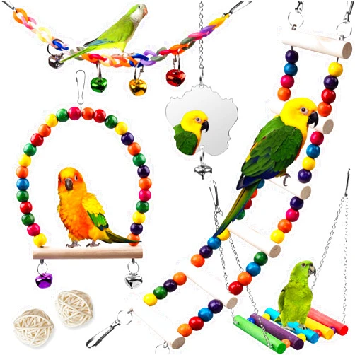 JINJINANV Bird Toys for Parakeets 7Pcs, Wood Parrots Toys Budgie Toys for Bird Cage Accessories, Bird Perch Swings for Small Birds Toys, Conure Cockatiel Toys, Bird Ladder Swing for Parakeets Climbing 18''