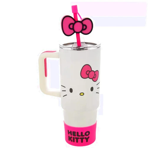 Hobby Lobby Hello Kitty Stainless Steel Tumbler with Straw, Grip Base, 30 Oz, White, Pink, Gray & Yellow