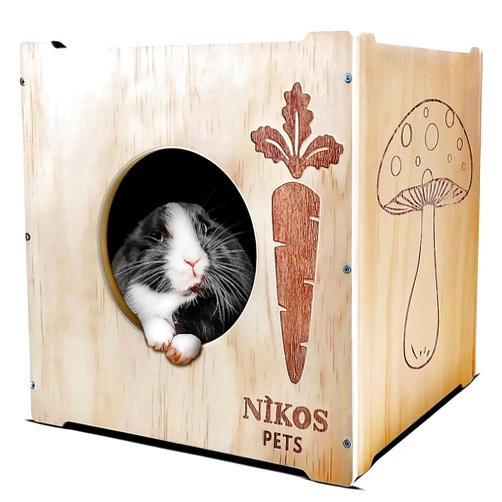 NIKOS PETS Wooden Rabbit Hideout, Rabbit Bed, Indoor Hutch, Bunny House Pet for Bunnies, Guinea Pigs, Outdoor Shelter Hut, Small Animal Hideaway, Bunny Playground (12.5 x 12.5 in)