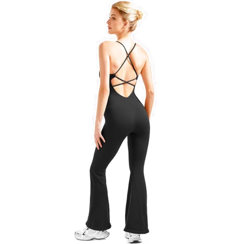 SUUKSESS Women Sexy Backless Ribbed Flare Jumpsuit Sleeveless One Piece Bodycon