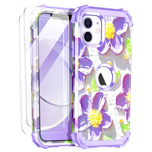 Rancase Compatible with iPhone 12 Case & iPhone 12 Pro Case,Three Layer Heavy Duty Shockproof Full Body Protective Case with 2 Screen Protector for Apple iPhone 12/12 Pro 6.1 inch,Purple