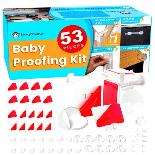 Benny Bradley's Baby Proofing Kit for Home – A Complete Child Proofing Kit Including 10 Invisible Latch Locks, 6 Child Proof Cabinet Strap Latches, 10 Corner Protectors, 16 Outlet Covers – an Ultimate Safety Bundle