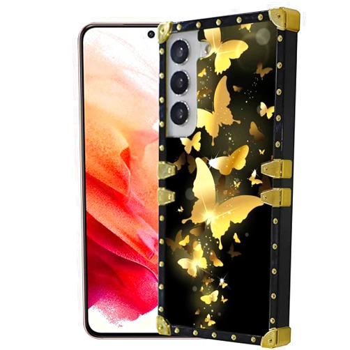 Stewing prerog Compatible with Samsung Galaxy S22 Square Case, Golden Flying Butterfly Luxury Golden Decoration for Samsung Case Girls Women,Soft TPU and Hard PC Back Trendy Protective Cover Case