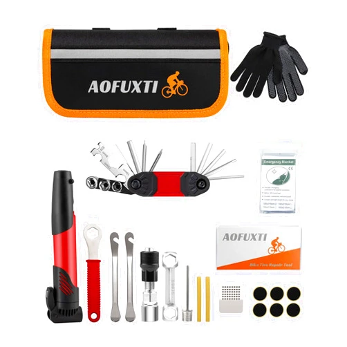 AOFUXTI Bicycle Tire Patch Repair Kit, Bike Chain Repair Wrench, Essential Mini Pump, Portable Adult Bicycle Toolkit Accessories,Tool Kit for Camping Travel, Best Gifts for Men and Women