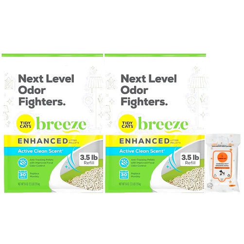 Aurora Pet Bundle (2) Tidy Cat Breeze Enhanced Active Clean Scent Cat Litter Pellets, Refill 3.5 lb with Aurora Pet Wet Wipes