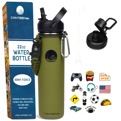 Canteenies Kids Water Bottle for School, 22 Oz, Straw Lid, Stickers, Vacuum Insulated Stainless Steel Double Walled, BPA Free Food-Safe, Leak-Proof Tumbler Travel Cup For Boys