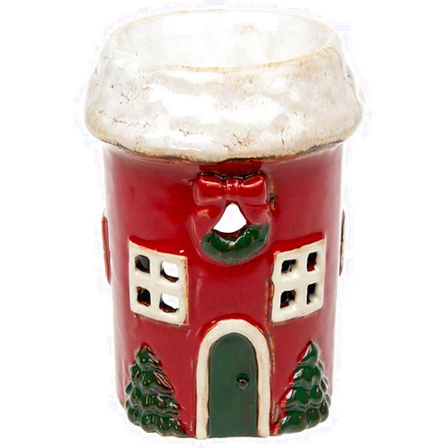 Shudehill Giftware Village Pottery Round Snowy Red House Ceramic Tealight Holder and Warmer for Wax Melts and Oil