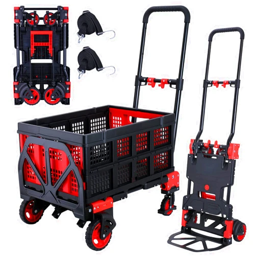 JJSMKCH 2-in-1Hand Truck Dolly Foldable with Folding Basket,330LBS Capacity Handtruck,Hand Truck Foldable Dolly with 4 Wheels,Push Cart Dolly with Retractable Handle,Folding Hand Cart for Moving