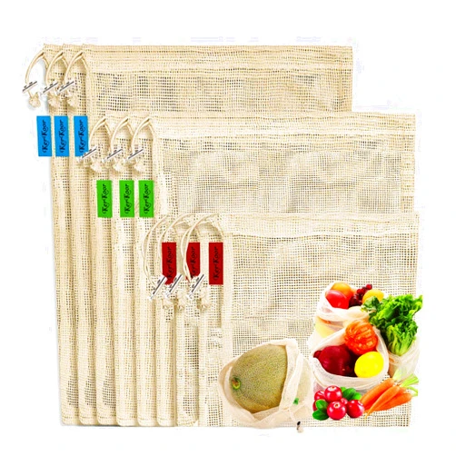 KerKoor Reusable-Cotton-Mesh-Produce-shopping-Bags-Washable Eco Friendly Premium See Through Lightweight Net zero Bulk Bags for Veggie Fruit Vegetable Grocery Storage (9 Packs)