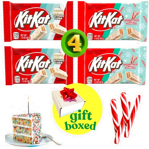 Kit Kat (PACK OF 4) Kit Kat Peppermint Stick & Birthday Cake Candy Chocolate Bars - Holidays Flavors - 1.5oz Each Bar - Comes Inside a Gift Box To Surprise You/Friend/Loved One/Valentine