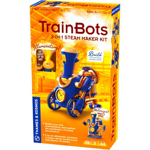 Thames & Kosmos TrainBots: 2-in-1 STEAM Maker Kit | Build 2 Steampunk Robots w/LED Lights | Explore Robots & Engineering | Includes Ultrasonic Atomizer | Ages 8+ with Help; 12+ for Independent Play